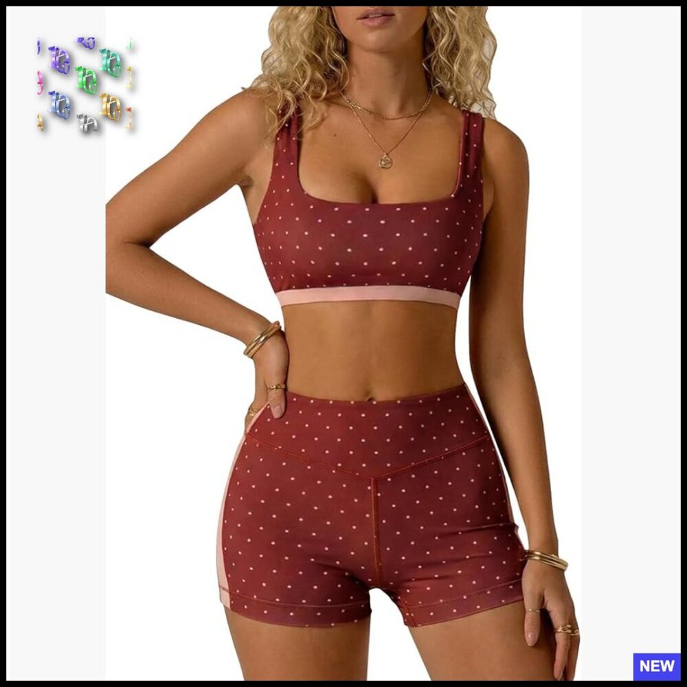 Polka Dot Workout Set 2 Piece Yoga Outfit Bra Tank High Waisted Shorts - Picture 1 of 4